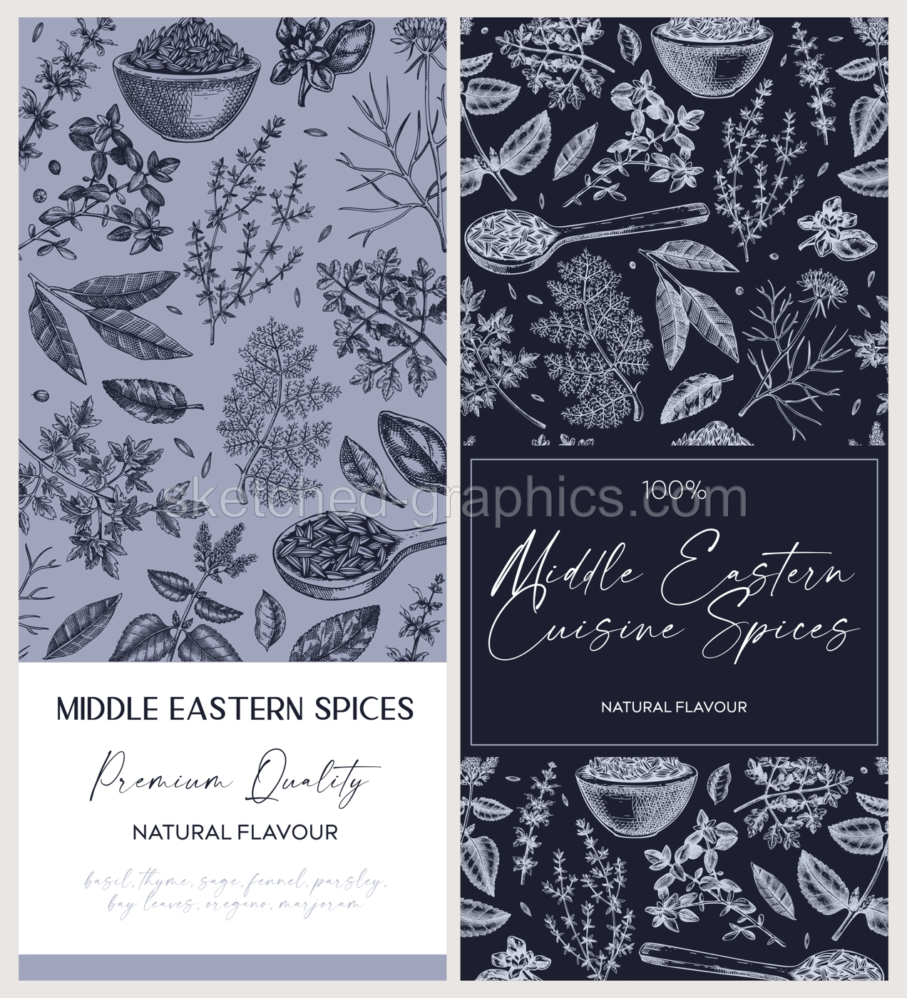Middle Eastern spice label design set. Basil, mint, rosemary, parsley, sage, bay leaf, fennel  sketches. Herbs hand-drawn vectot illustration. Vintage spice templates. NOT AI generated Illustration